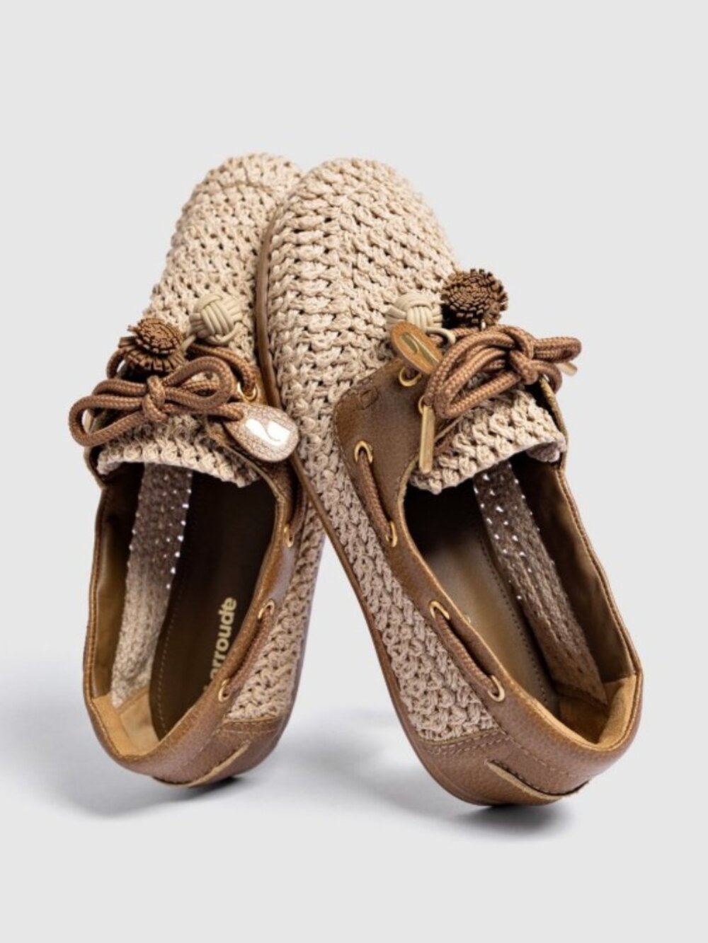 Cyprus Crochet Boat Shoe In Natural Crochet and Russet Leather